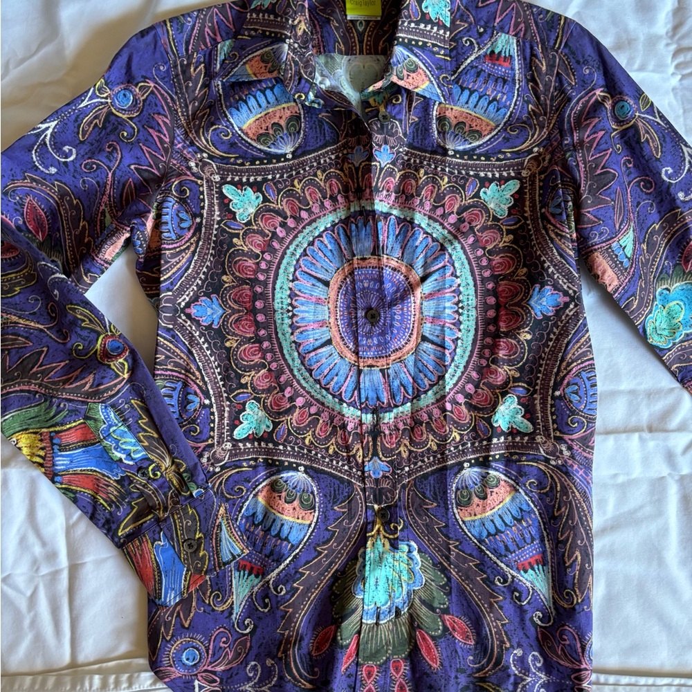 Craig Taylor Masquerade Ball Button Down Shirt XS Purple Psychedelic Mandala